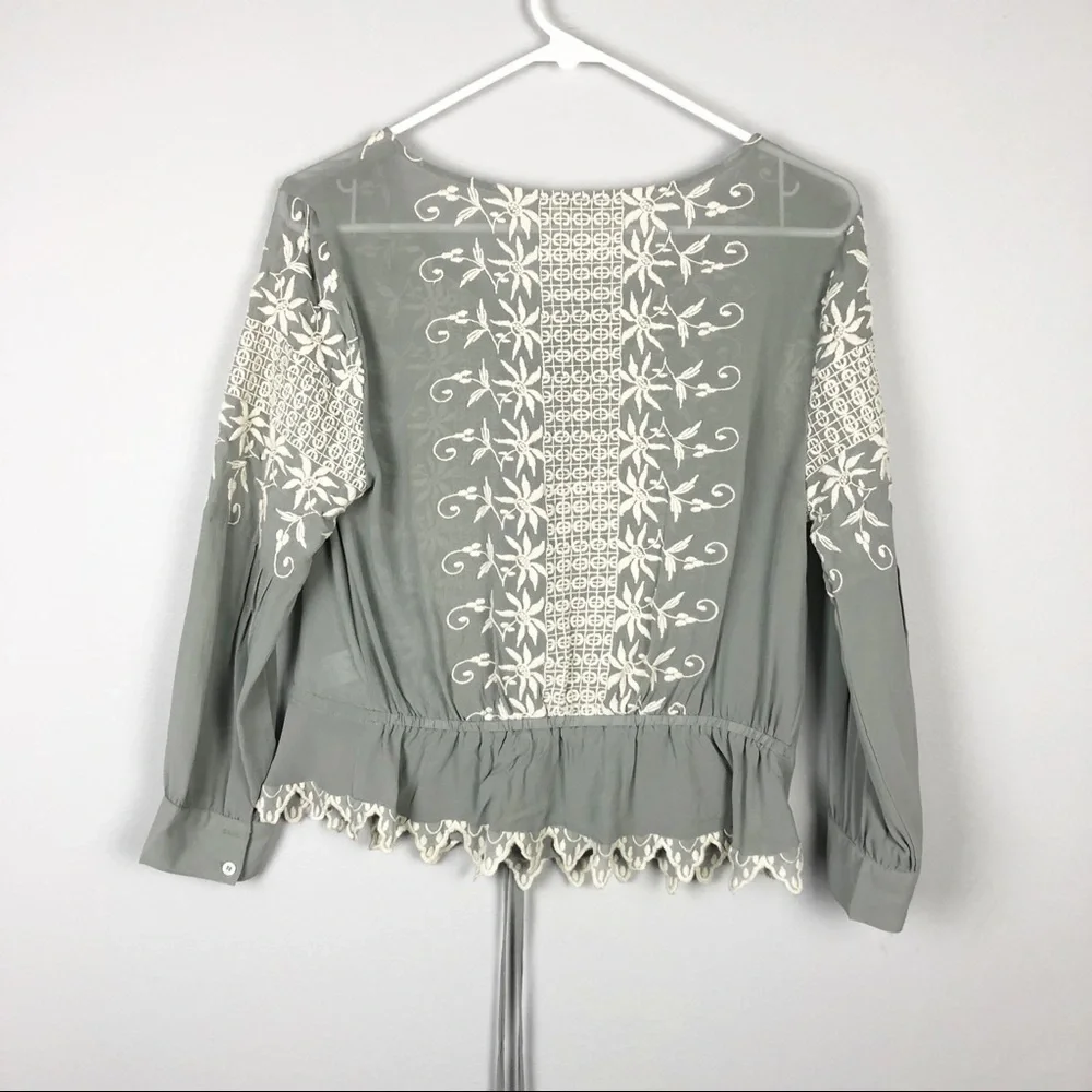 LoveShackFancy Embroidered Silk Georgette Long Sleeve Prairie Top Green Casual - Picture 4 of 11